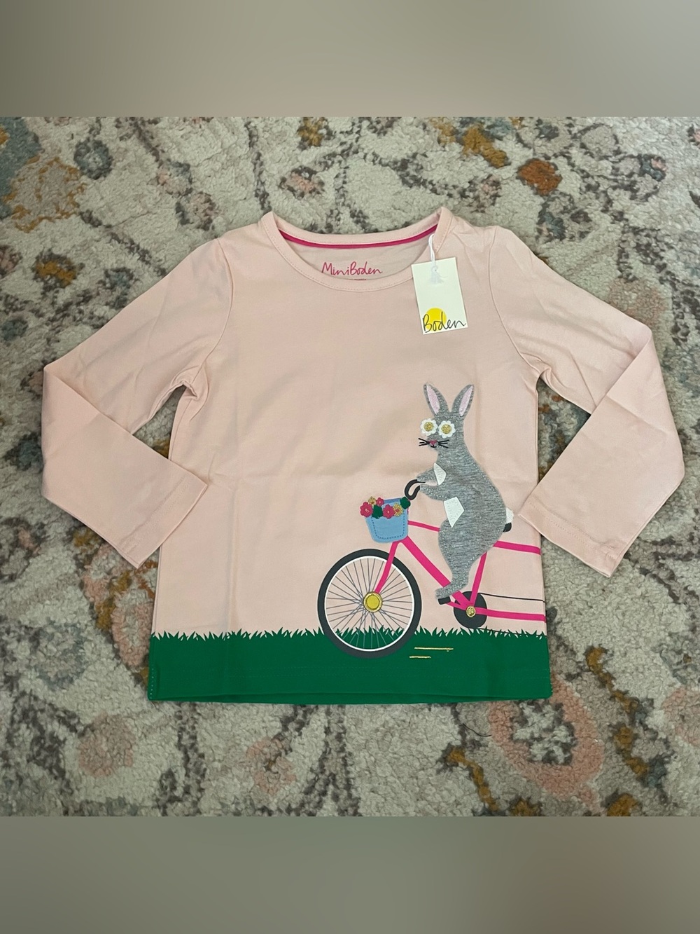 NWT Mini Boden Pink Long-Sleeve Top with Bunny on Bike Appliqué 4/5